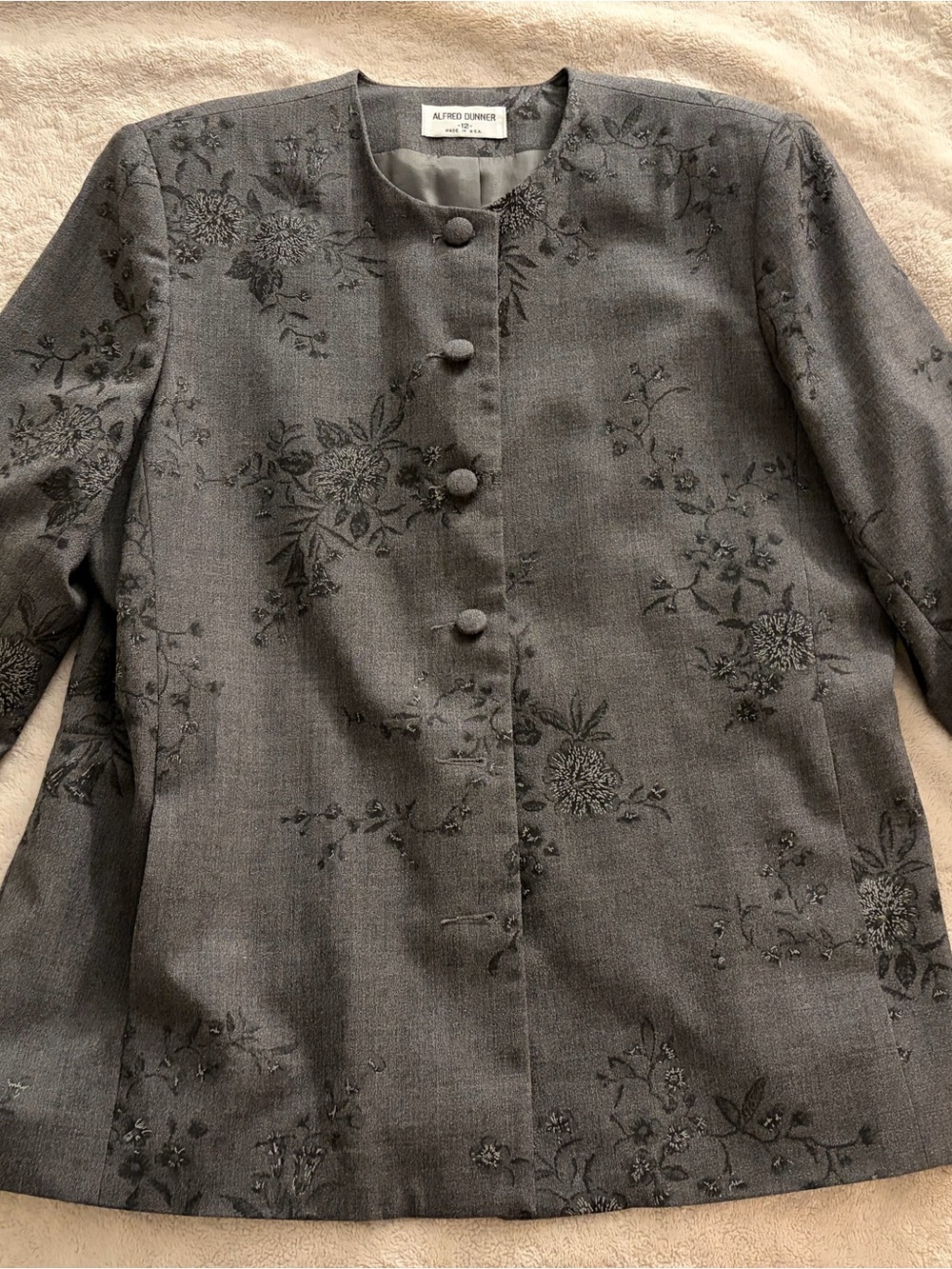 Alfred Dunner Gray Floral Jacquard Collarless Blazer 100% Wool
